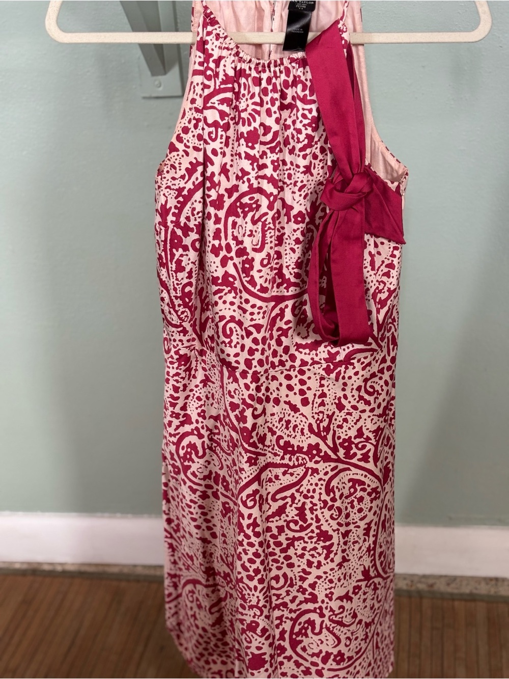 Pink and Cream Patterned long Dress with Bow Detail Ann Taylor petite 6p lined